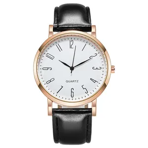 Montre à quartz pour hommes avec boîtier or rose, cadran blanc et bracelet en cuir noir