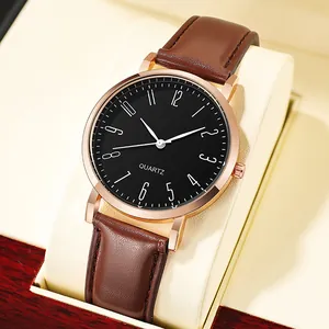 Montre à Quartz Business pour Hommes Minimaliste Décontractée Boîtier en Alliage Finition Or Rose Avec Bracelet en Similicuir Chiffres Arabes Cadeau Montre de Mode