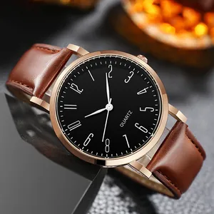 Montre à quartz classique pour hommes avec bracelet en cuir brun et lunette or rose