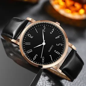 Montre à quartz pour homme avec boîtier en or rose, bracelet en cuir noir et cadran noir