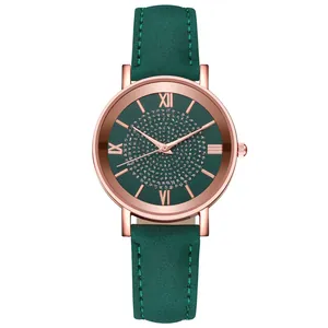 Reloj de cuarzo para mujer con correa de cuero verde oscuro y esfera de cristal