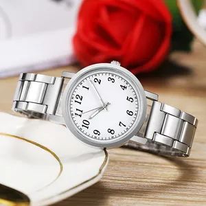 Classic silver stainless steel watch with white dial and black Arabic numerals