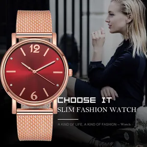 Elegante orologio da donna al quarzo con quadrante rosso scuro e cinturino a maglia