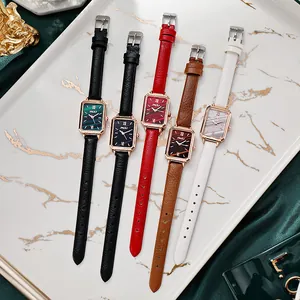 Detailed view of women's vintage square quartz watches with colorful leather straps