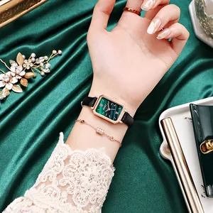Vintage green square dial watch for women with black leather strap and gold bracelet