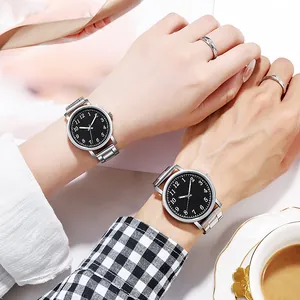 Classic silver metal quartz couple watches with black dial and white numerals