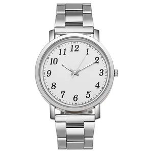 Classic silver stainless steel business watch with a white dial and black Arabic numerals