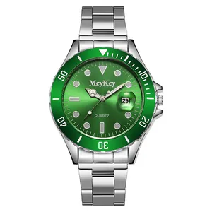 Quartz horloge voor heren met groene zonnestraal wijzerplaat en stalen band
