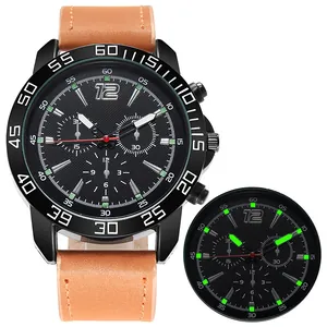 Luminous sports quartz watch with brown leather strap and black chronograph dial