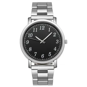 Close-up of black quartz watch dial with Arabic numerals and silver steel link strap