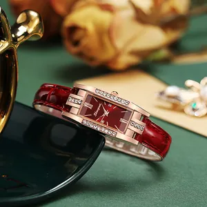 Elegant ladies square quartz watch with red dial, diamond accents and rose gold case