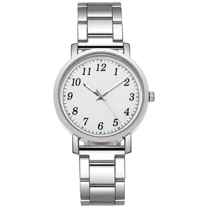 Detailed macro view of minimalist silver steel watch with white dial and numeric markers