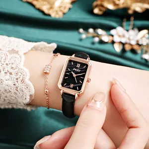 Retro small square quartz watch for women with black leather strap and gold case