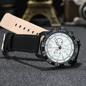 Men's luminous sport quartz watch with black leather strap and white dial face