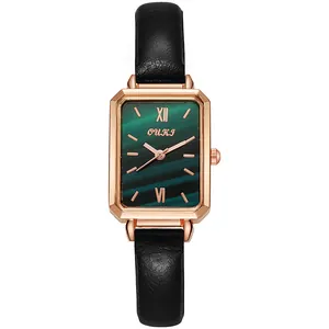 Elegant rectangular women's watch with green malachite dial and black leather strap