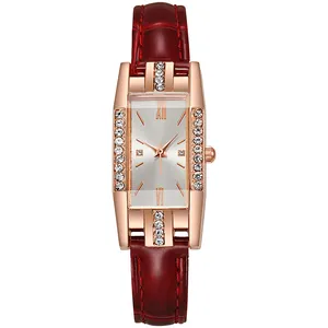 Elegant rose gold square watch for women with diamond accents and burgundy leather strap