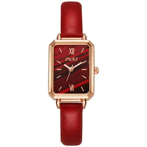 Retro women's square quartz watch with rose gold case and red leather strap