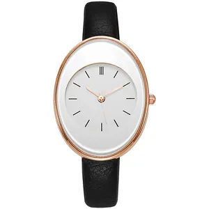Elegant minimalist rose gold oval quartz watch with white dial and black leather strap