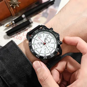 Men's outdoor sports quartz watch with white dial, black rubber strap, and luminous display