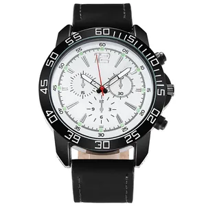 Detailed close-up of a men's sports watch with black leather strap and big white dial