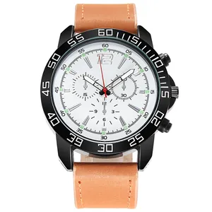 Macro detail of white dial with three sub-dials and brown leather strap of men's sports watch