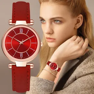 Montre à Quartz pour Femme Élégante Cadran Soleil Chiffres Romains Bracelet en Cuir Décontractée Analogique de Poignet Boîtier en Alliage Bijoux Cadeau