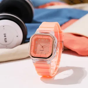 Orologio al Quarzo Quadrato alla Moda Cassa Trasparente Accenti in Oro Rosa Strass Cinturino in Silicone Casual Unisex