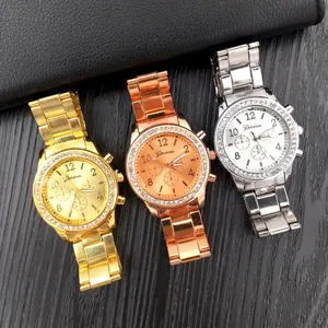 Geneva women's quartz watches with diamond bezel and metal link bracelet in three colors