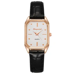 Détails de la montre à quartz rectangulaire en or rose avec bracelet en cuir noir