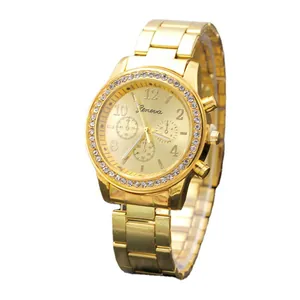 Luxury Geneva women's gold quartz watch featuring a rhinestone bezel and metal link strap