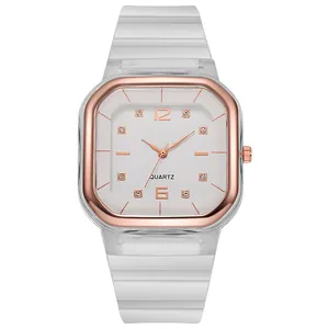 Orologio al quarzo quadrato oro rosa con cassa trasparente e cinturino in silicone