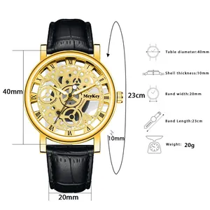 Detailed size chart showing 40mm hollow dial and 20mm leather strap of the men watch