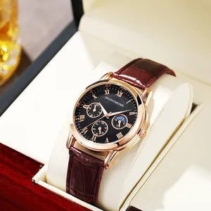 Men's Business Quartz Watch Rose Gold Alloy Case Faux Leather Strap Roman Numeral Three Dials Fashion Men's Wristwatch Luxury Elegant Jewelry