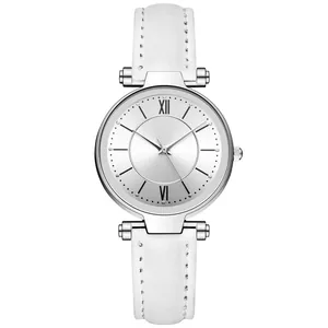 Montre élégante pour femme en métal argenté avec bracelet cuir blanc et cadran romain