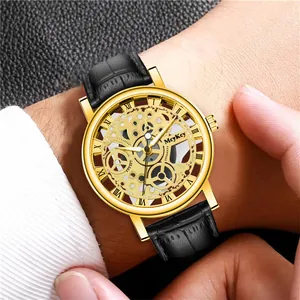Skeleton dial men's quartz watch with gold case, Roman numerals and black leather strap