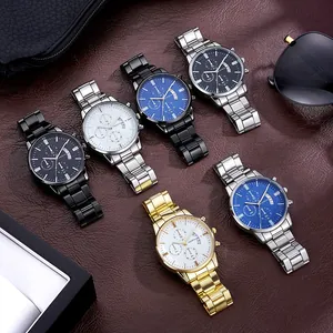 Business men's quartz watches with stainless steel bands and date display dials