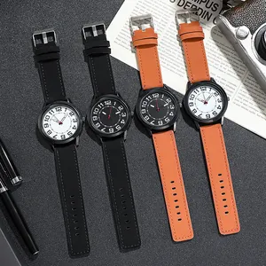 Classic men's quartz business watch with leather strap and large numeric dial