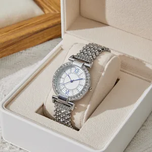 Women Luxury Rhinestone Quartz Watch With Alloy Band Blue Hands Roman Numerals Fashion Bling Jewelry Wristwatch For Ladies