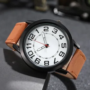 Classic men's quartz watch with white dial, brown leather strap on a textured dark background