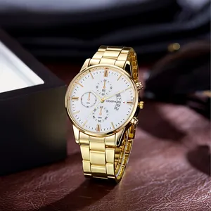 Men's Business Casual Quartz Watch With Calendar Stainless Steel Band Link Bracelet Chronograph Style Analog Watch