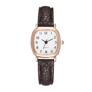 Vintage Damen-Quarzuhr mit braunem Lederarmband und roségoldenem rechteckigem Gehäuse