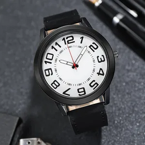 Classic men's quartz watch with white dial, black oversized numerals, and black leather strap