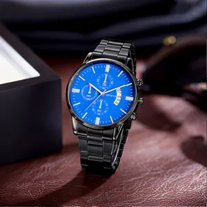 Business men's black steel watch with blue dial, three-eye design and calendar display