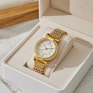 Elegant gold-tone women's watch with full rhinestone accents in a luxury gift box