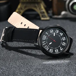 Detail view of stylish men's business watch with black dial and leather strap