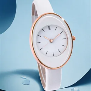 Minimalist oval quartz watch for women with rose gold case and white leather strap
