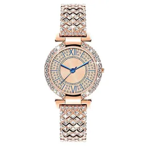 Elegant rose gold women's quartz watch featuring full diamond setting and sunray dial
