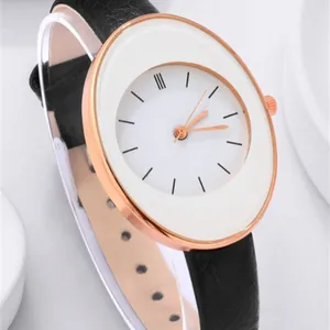 Minimalist quartz watch with oval rose gold case and black leather strap for women