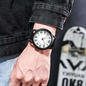Close-up of minimalist men's quartz watch with large numerals and black matte strap
