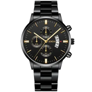 Detailed macro view of the black steel band watch dial with gold markers and calendar window
